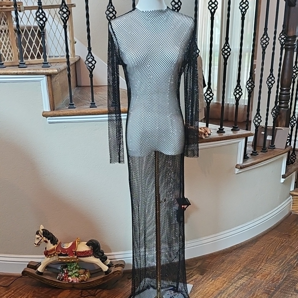 Elegant Black Mesh Long Sleeve Dress